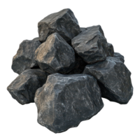 Black rocks piled together on a plain transparent background with natural textures and details captured in daylight, big black rocks isolated on transparent background png