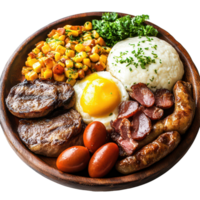 A delicious bandeja paisa served on a rustic wooden platter with a variety of traditional Colombian flavors, bandeja paisa transparent background png