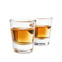 Two shot glasses filled with amber liquor isolated on a transparent background for a clean and elegant presentation, Alcohol in Shot Glasses Isolated, transparent background. png