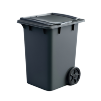 A black and grey garbage bin with wheels, isolated against a plain background, perfect for waste disposal needs, black and grey garbage bin isolated onisolated on transparent background png