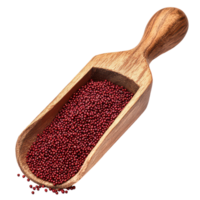Amaranth seeds in wooden scoop showcased against a transparent background highlighting their rich red color, amaranth seeds on wooden scoop transparent png