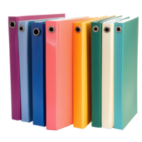Colorful binders lined up on a transparent background ready for organizing documents and school supplies, Binders , Folders, transparent background. png