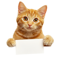 Adorable red cat poses with an empty card on a clean transparent background for a playful display, Adorable red cat with empty card on transparent background png