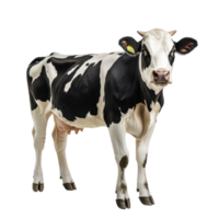 A black and cow stands isolated on a plain, emphasizing its distinct markings in a bright environment, a black and cow is standing on top isolated a transparent background png
