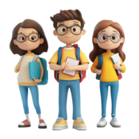 Three cute cartoon students standing together with books and backpacks in a bright and cheerful setting, 3D Cartoon Character Group - Cute Student Boys, Isolated transparent background png