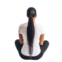Woman sitting with a ponytail, facing away against a backdrop in a tranquil indoor setting, Back View Woman Sitting with Ponytail on transparent background png