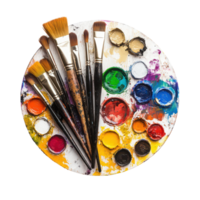 Artistic palette filled with vibrant paints and brushes used for creative expression in a bright workspace, Artistic Palette with Paintbrushes and Paints, transparent background. png