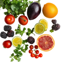 Assorted fruits and vegetables arranged artistically on a transparent background highlighting freshness and nutrition, Assorted fruits and vegetables on transparent background png