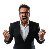 Angry businessman shouting with raised fists against a transparent background in an intense corporate setting, Angry Businessman Shouting on transparent background png