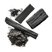 Activated charcoal and powder displayed on a transparent background for health and wellness applications, Activated charcoal and powder isolated on transparent background png