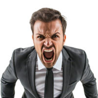 Angry businessman shouting angrily on a transparent background during a stressful meeting in a corporate office, Angry Businessman Shouting on transparent background png