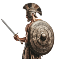 Ancient Greek warrior stands ready with sword and shield, embodying the spirit of valiant combat in history, ancient greek warrior man sword and shield isolated on transparent background png