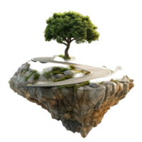A winding road floating above rocky islands beneath a solitary tree surrounded, 3D realistic a Floating Road with Tree on Rocky Island, isolated on transparent background Background png
