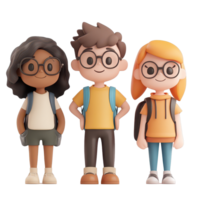 A group of three cute cartoon characters standing together in a bright setting, ready for a fun adventure, 3D Cartoon Character Group - Cute Students, transparent background png
