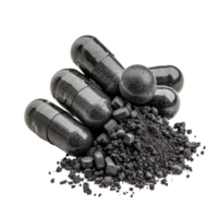 Activated charcoal carbon pills and powder isolated on a clean transparent background for health and wellness, Activated charcoal carbon pillsisolated on transparent background png