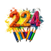 Colorful representation of New Year goals with vibrant numbers and crayons on a transparent background, 2024 New Year Goals on transparent background png