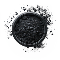 Activated charcoal powder in a black container with scattered residue on a clean transparent background, Activated charcoal powder isolated on transparent background png