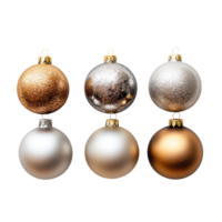 Elegant Christmas ornaments in gold, silver, and bronze displayed on a transparent background during the festive season, Beautiful Christmas balls on transparent background png