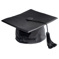 Black graduation cap with diploma displayed in a minimalist style against a plain transparent background, Black Graduation Cap with Degree Isolated on transparent background png