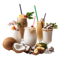 Delicious assortment of coconut drinks and fresh ingredients on a transparent background, Assorted Coconut Drinks on transparent background png