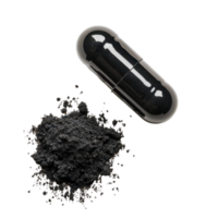 Activated charcoal capsule and powder isolated on a transparent background for health and wellness use, Activated charcoal capsule and powder isolated on transparent background png