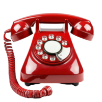 Old-fashioned red rotary telephone against a transparent background, evoking nostalgia and classic design, Answering an old fashioned red telephone, transparent background. png