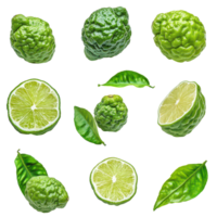 Fresh bergamot and Thai lime on a clean transparent background showcasing their unique texture and vibrant color, Bergamot or Thai lime isolated in transparent background png