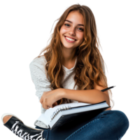 A cheerful girl student with a beautiful smile sitting with a notebook on a transparent background at her study space, Beautiful smile girl student with a notebook, transparent background. png