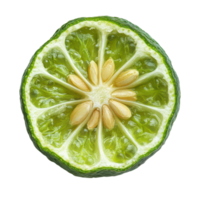 Half of a fresh bergamot lime showcasing seeds on a clean backdrop, A half of bergamot or Thai lime with seeds on transparent background png