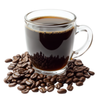 A close-up of freshly brewed black coffee in a glass cup next to scattered coffee beans, Black coffee in glass cup and coffee beansisolated on transparent background png