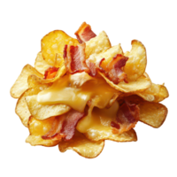 Delicious serving of crispy potato chips topped with melted cheese and crispy bacon, perfect for snacking anytime, a serving potato chips with cheese and bacon, transparent background. png