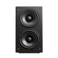 Black audio loudspeaker with dual woofers isolated against a clean transparent background for clear visibility, black audio loudspeaker isolated on transparent background png