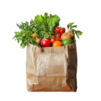 Fresh groceries in a brown paper bag filled with vegetables and fruits on a neutral backdrop, Bag groceries png