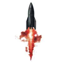 Black rocket launching with a vibrant red tail and smoke during a thrilling ascent, black rocket with a red tail and smoke coming out it, transparent background. png
