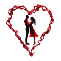 A couple embraces in a heart shape surrounded by red ribbons, celebrating love and connection in a creative display, a couple are embracing in a heart shape isolated, transparent background. png