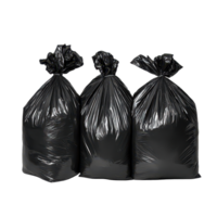 Three black plastic garbage bags arranged neatly on a clean transparent background in a simple, clutter-free setting, Black Plastic Garbage Bags on transparent background png