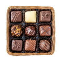 Delicious assortment of square chocolates arranged in a basket on a transparent background for an elegant display, Basket Square Chocolates on transparent background png