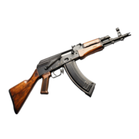An assault rifle displayed against a stark transparent background, highlighting its features and design intricacies, AK-47 Assault Rifle on transparent background png