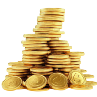 Cartoon stacks of shiny gold coins on a clean transparent background, illustrating wealth and savings in a playful manner, 3D Cartoon Stacks Gold Coins On transparent background png