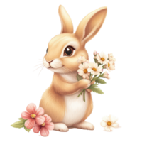 A cheerful cartoon rabbit holding flowers against a transparent background in a whimsical garden setting, a realistic a cartoon rabbit with flowers,, transparent background. png