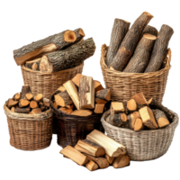 Assorted firewood stacked in wicker baskets against a clean transparent background for decorative or functional use, Assorted Firewood in Wicker Baskets on transparent background png