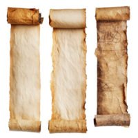 Ancient scrolls showcasing historical parchment paper displaying signs of ag, Ancient Scrolls, Historical Parchment Paper with Aged Texture, isolated on transparent background png