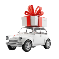 A cheerful car carries a large gift box adorned with a red ribbon on an isolated background, 3D style automobile car carrying the gift box transparent background png