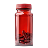 Red opened plastic bottle with medicine pills resting on a surface, inviting careful usage in daily health, a red opened plastic bottle with medicine pills on isolated on transparent background png