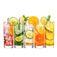Colorful drinks with lime and mint on a bright background for a refreshing summer gathering, a row different colored drinks with slices lime and oranges, transparent background png