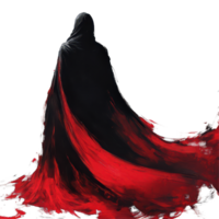A mysterious cloaked figure with a striking red cape stands against a stark transparent background, evoking intrigue and drama, black cloaked figure with a red cape, transparent background. png