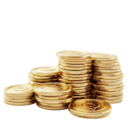 Cartoon gold coins stacked high on a transparent background representing wealth and prosperity in a simple design, 3D Cartoon Stacks Gold Coins On transparent background png