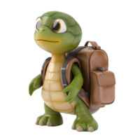 A cheerful cartoon turtle ready for adventure with a backpack on a plain transparent background, 3D Cartoon Turtle with Backpack on transparent background png