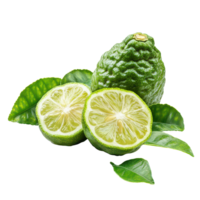 Fresh bergamot lime with seeds and green leaves isolated on a clean transparent background for culinary uses, bergamot or Thai lime with seeds isolated on transparent background png