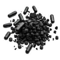 Activated charcoal carbon pills and granules isolated on a clean transparent background for health and wellness applications, Activated charcoal carbon pillsisolated on transparent background png